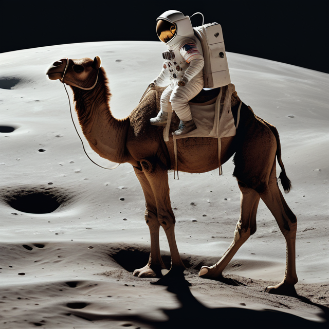 A color AI image of an astronaut riding a camel on the moon.